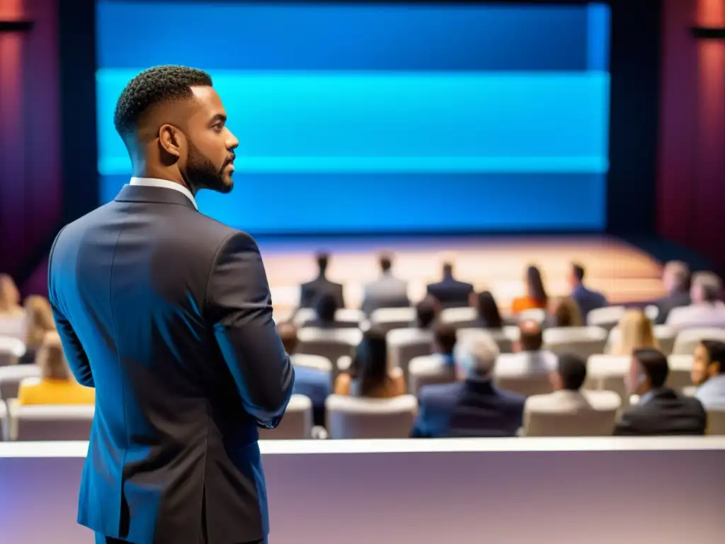 Un presentador confiado frente a una audiencia, usando herramienta de presentación futurista