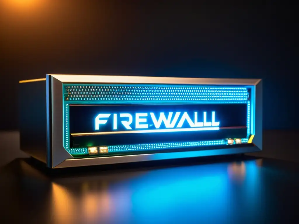 Prevención de ataques DDoS con Firewalls: Imagen detallada de un moderno dispositivo de firewall con luces LED parpadeantes y circuitos intrincados sobre fondo oscuro, transmitiendo tecnología avanzada y seguridad sólida