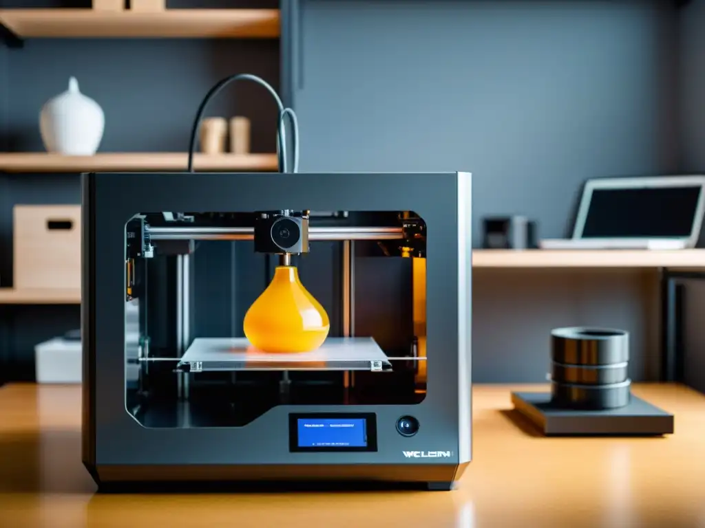 Primeros pasos con impresora 3D: Una impresora 3D moderna crea un objeto detallado en un espacio minimalista y bien iluminado