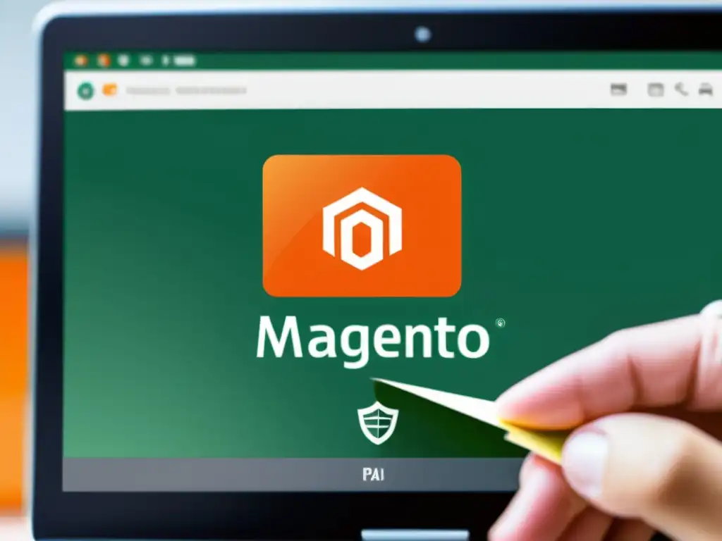 Procesamiento seguro de pagos en la interfaz moderna de Magento Open Source, con símbolos de cumplimiento PCI DSS