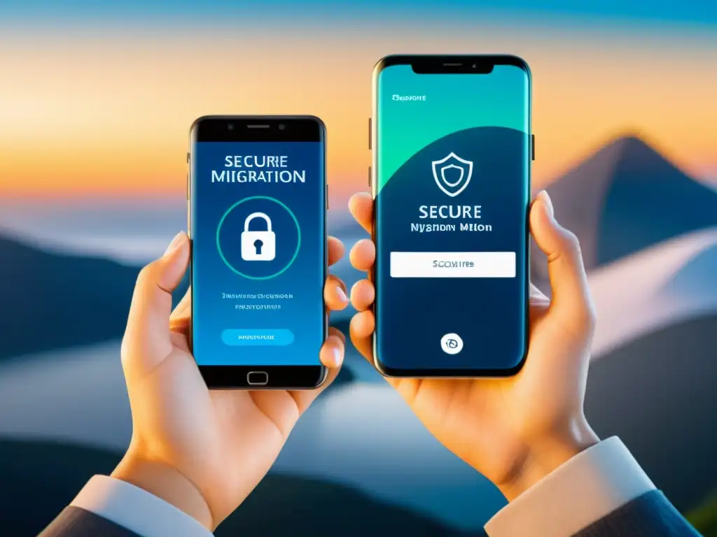 Proceso de migración segura a sistema operativo móvil en pantalla de smartphone, con diseño moderno y pasos claros