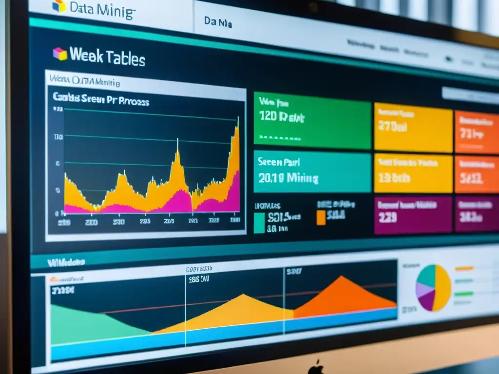 Proceso de minería de datos con Weka gratuito en pantalla, con visualizaciones coloridas y patrones de datos complejos, en alta resolución