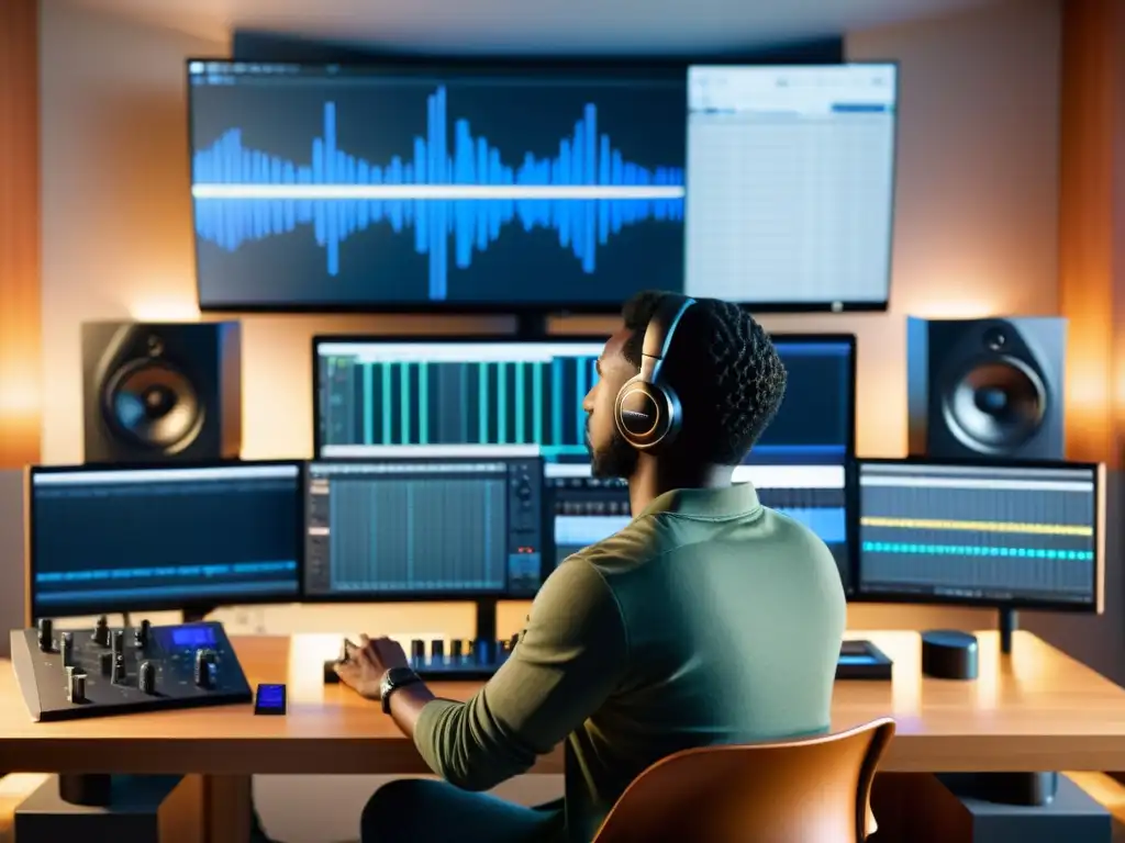 Producción de audio profesional en estudio casero Un productor musical ajusta niveles en su estudio casero con Ardour
