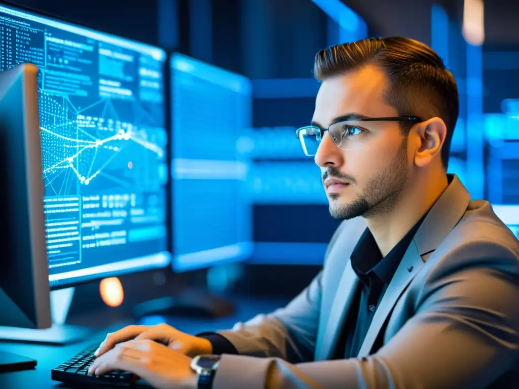 Un profesional de ciberseguridad trabaja en una computadora con líneas de código y visualizaciones de seguridad digital