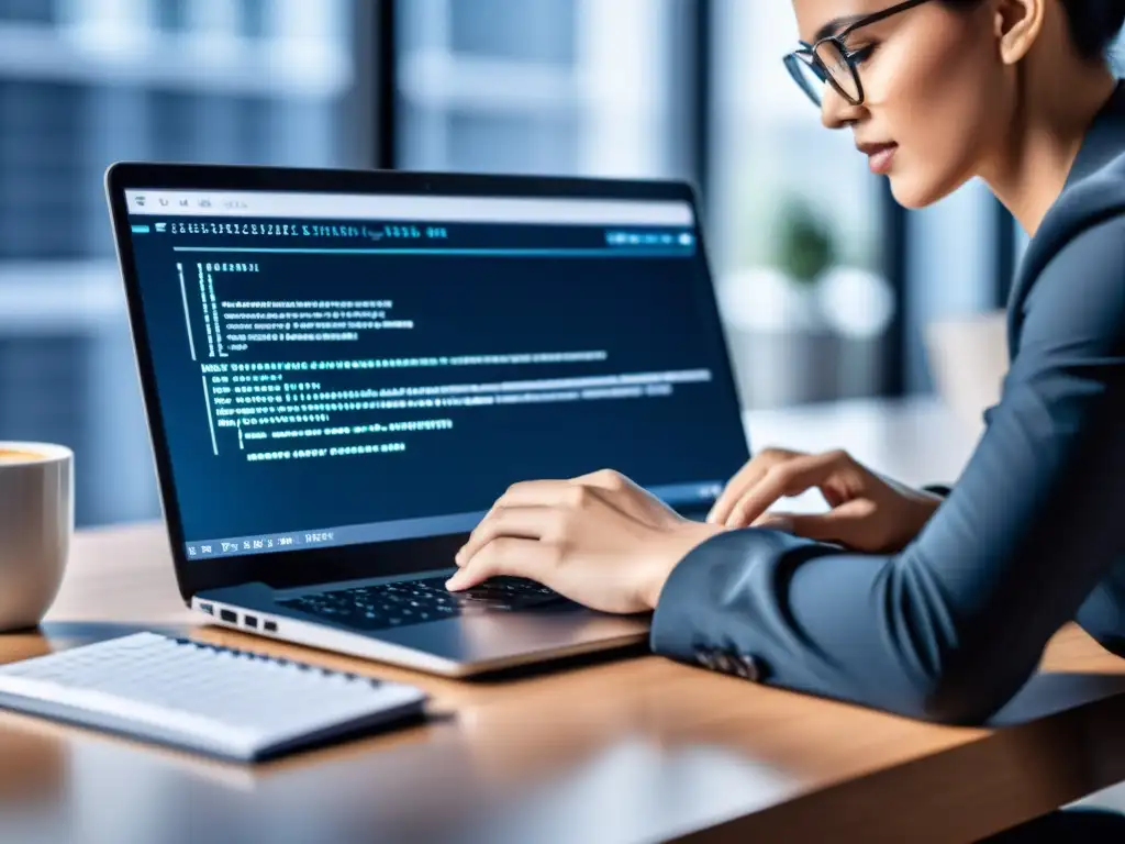 Un profesional concentrado escribe código MySQL en un portátil moderno, creando una atmósfera de productividad enfocada