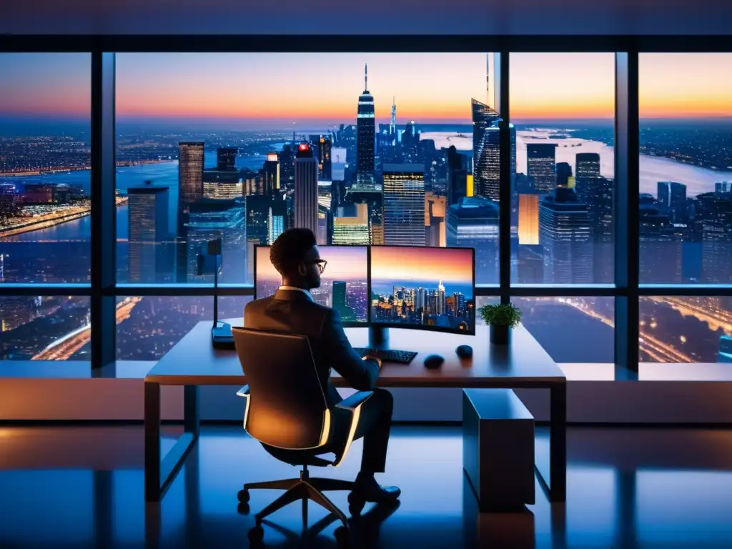 Un profesional concentrado trabajando en su computadora con una vista panorámica de la ciudad al atardecer