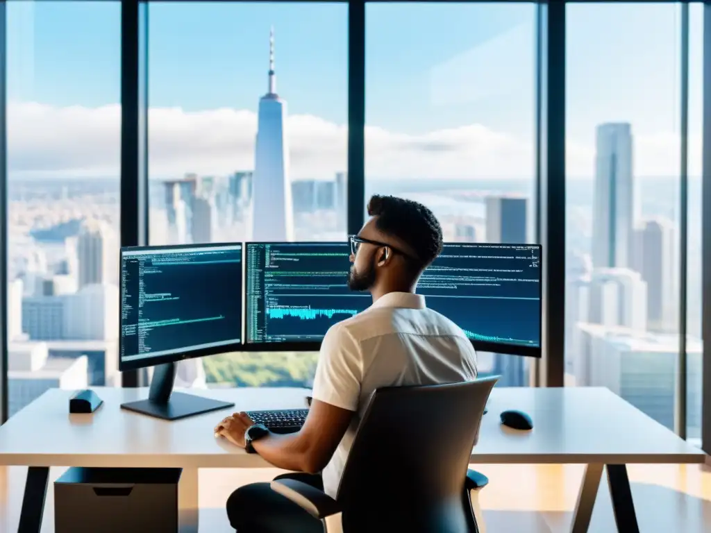 Un profesional concentrado programando en un entorno moderno con vistas a la ciudad, utilizando IDEs en la nube de código abierto