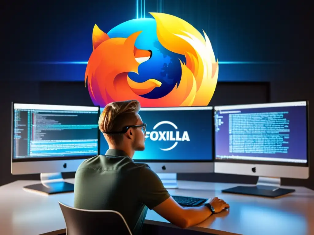 Un profesional concentrado trabaja en Mozilla Firefox código abierto en una moderna oficina con múltiples pantallas de computadora mostrando código