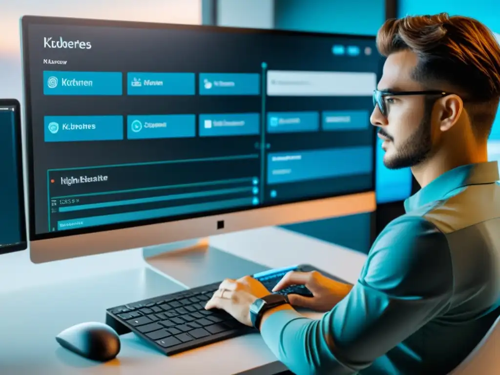 Profesional gestionando contenedores Kubernetes en un espacio moderno y tecnológico
