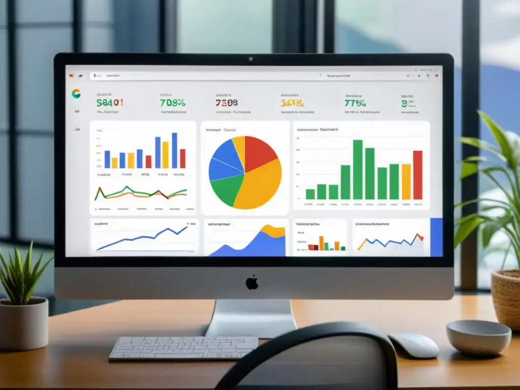 Un profesional analiza datos de Google Search Console en un monitor moderno, con gráficos y estadísticas