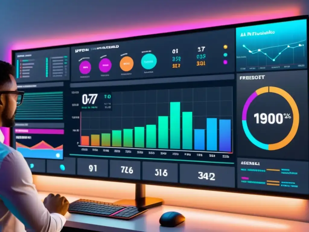 Profesional evalúa desempeño modelos IA código abierto en moderno dashboard 3D futurista