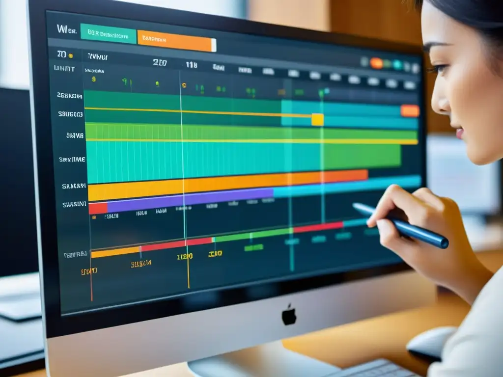 Un profesional editando un diagrama de Gantt en una herramienta gratuita para diagramas de Gantt, en una oficina contemporánea con luz natural