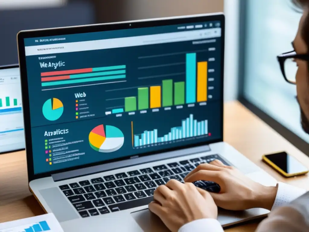 Un profesional enfocado personaliza informes de análisis web open source con gráficos modernos y elegantes en la pantalla de su ordenador