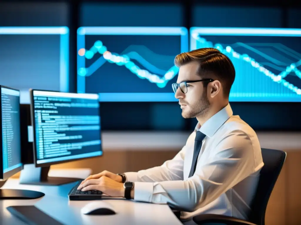 Profesional enfocado en procesamiento de datos en Hadoop, con código en pantalla y ambiente moderno de oficina