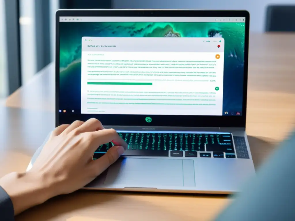 Un profesional utiliza herramientas de cifrado de correo electrónico de código abierto en su laptop, rodeado de manuales y materiales educativos