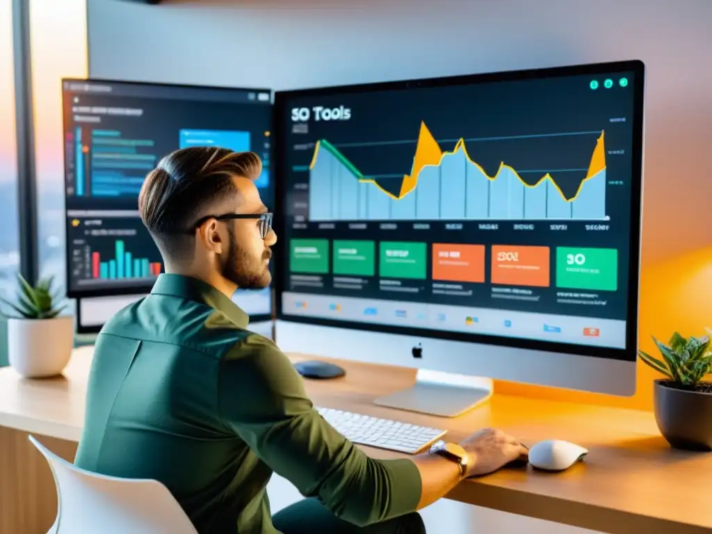 Un profesional usando herramientas open source para SEO en un espacio moderno y productivo, con gráficos vibrantes en la pantalla