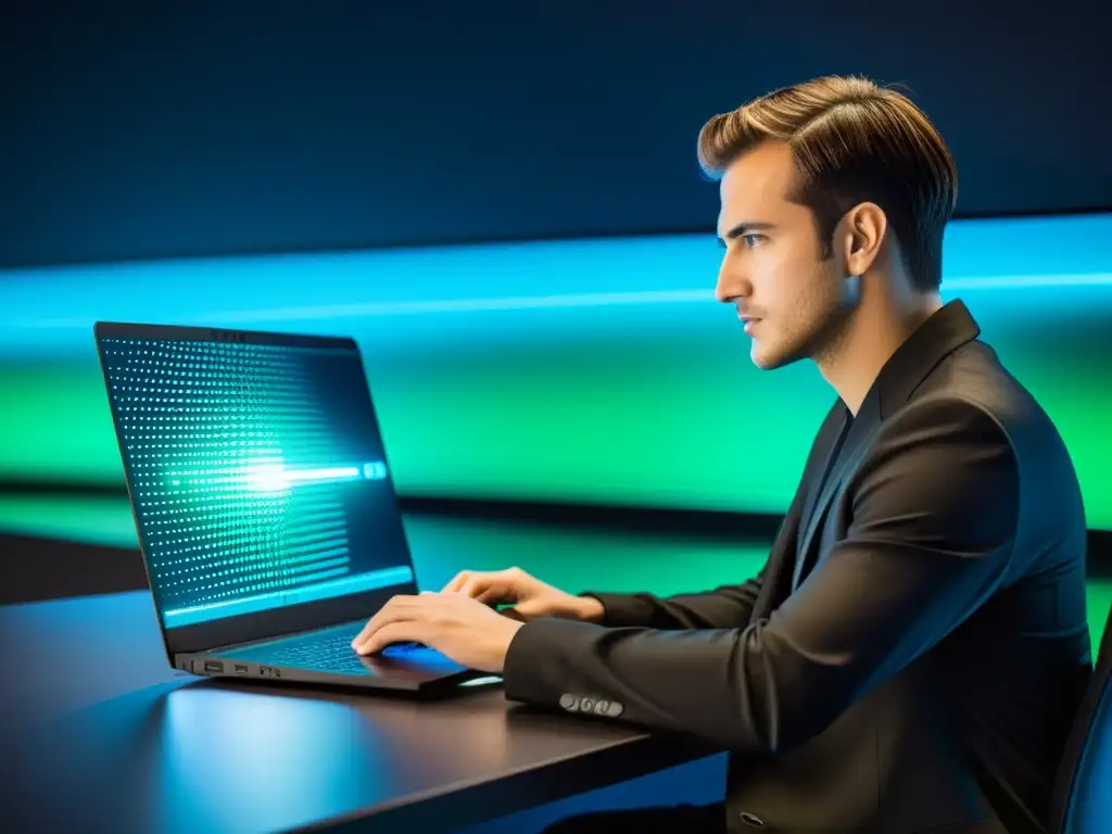 Un profesional concentradx en su laptop en un entorno moderno y minimalista de oficina, transmitiendo seguridad y profesionalismo