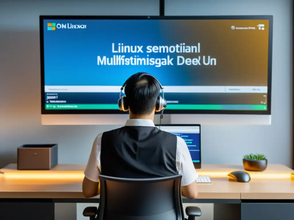Un profesional utiliza Linux en múltiples idiomas en un entorno moderno y pulido