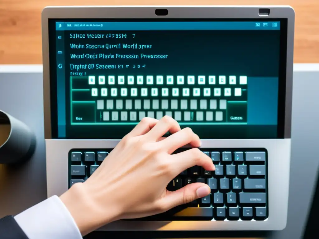 Un profesional utiliza procesadores de texto open source en un ordenador de alta resolución, escribiendo con precisión y velocidad