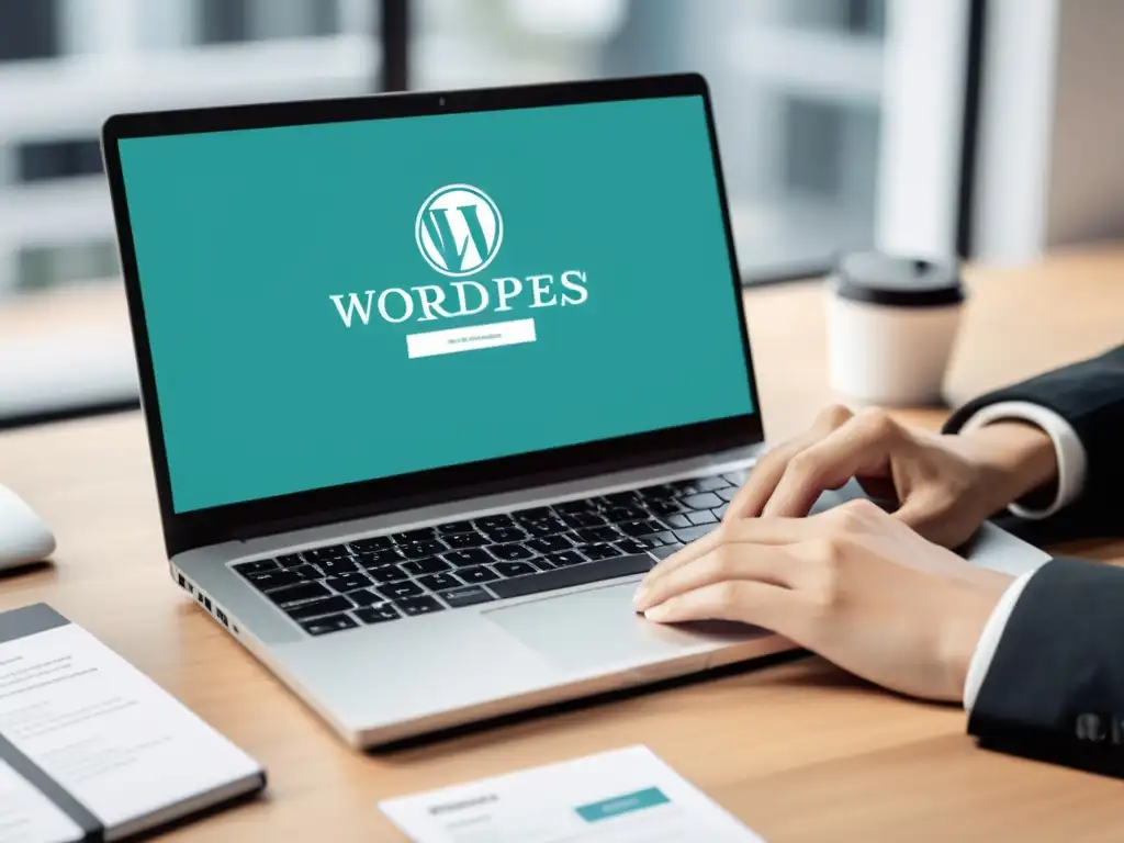 Un profesional desarrolla un sitio web con WordPress en un entorno minimalista y moderno