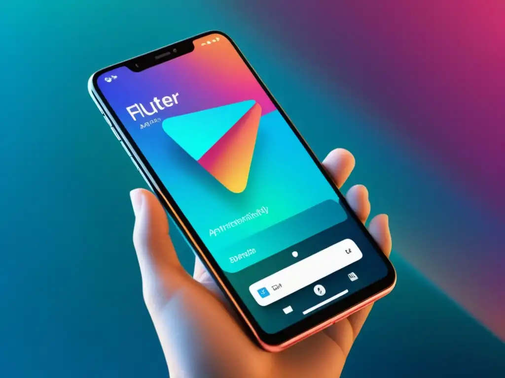 Profesional desarrollando aplicación con Flutter Open Source en smartphone moderno, con diseño vanguardista y vibrante