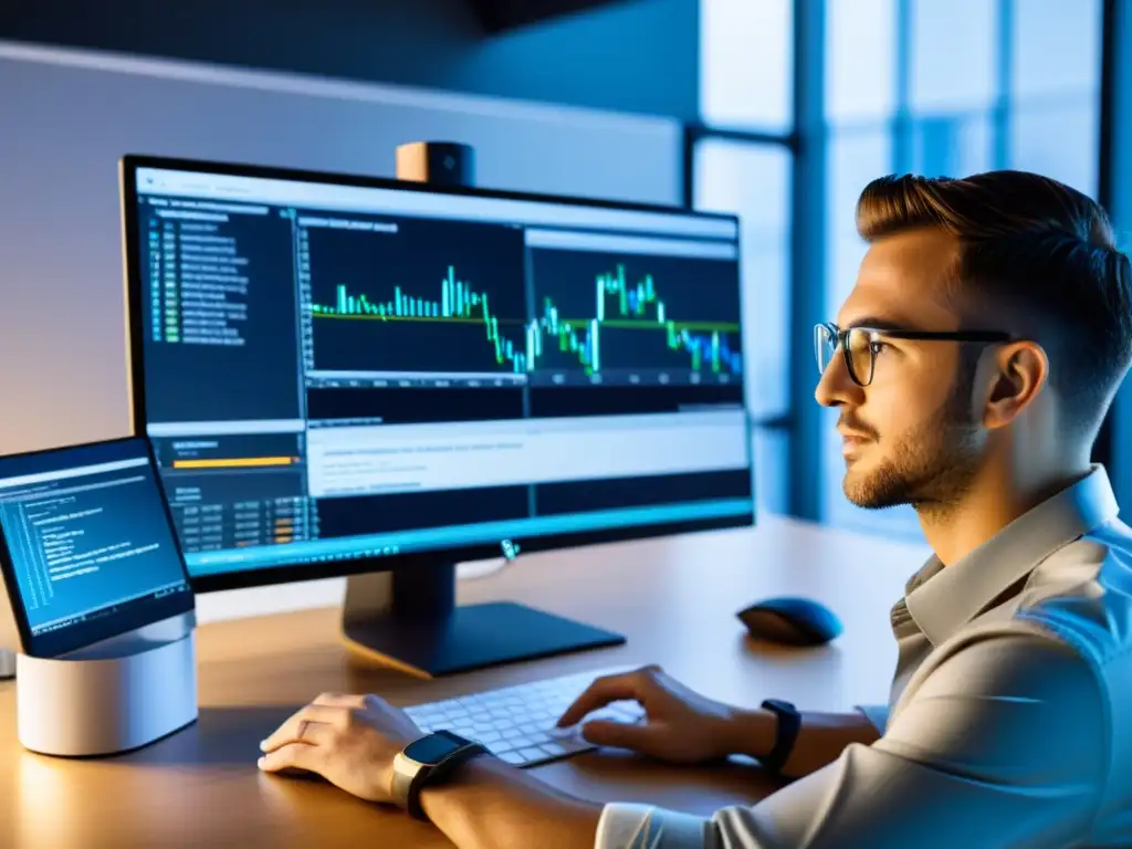 Profesional técnico SEO en un espacio moderno, implementando mejores prácticas SEO técnico con herramientas de código abierto