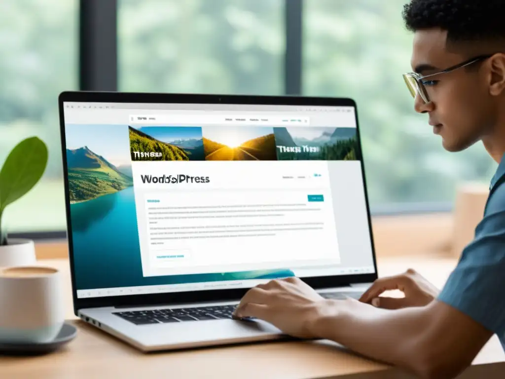 Un profesional personaliza un tema de WordPress en una laptop moderna