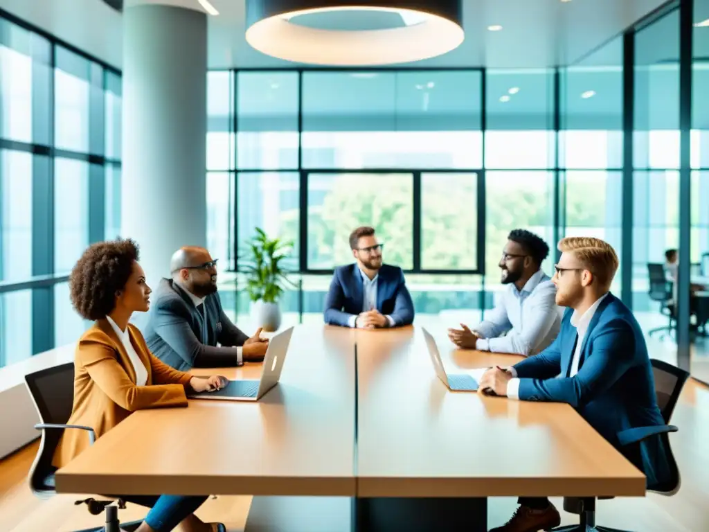 Profesionales colaborando en un ambiente moderno, discutiendo sobre software libre en negocios innovadores