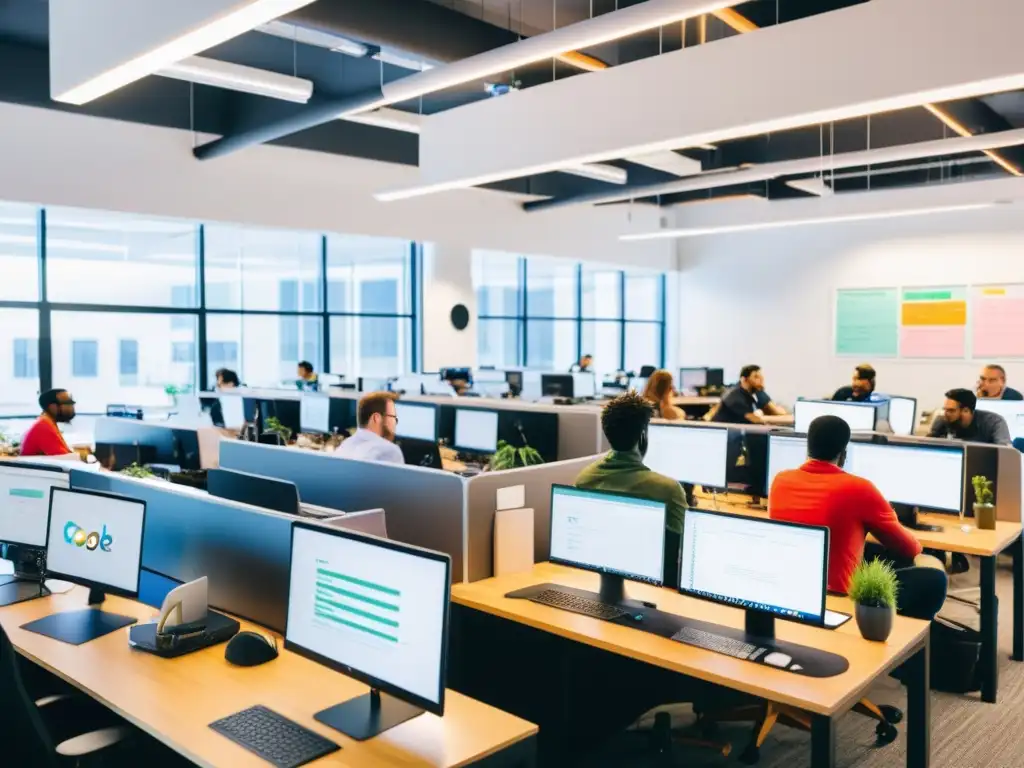 Innovación abierta en una oficina de startups tech Diversos profesionales colaboran en un animado espacio de trabajo, creando innovadores proyectos de software libre y open source