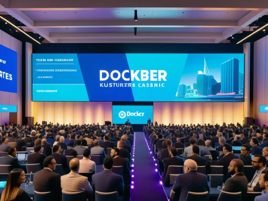 Profesionales animados discuten en una conferencia tech con logos de Docker y Kubernetes, en un ambiente vibrante