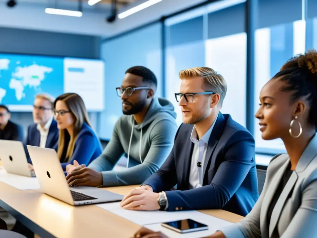 Profesionales de diversas áreas colaboran en un taller de inteligencia artificial open source, inmersos en un ambiente innovador y tecnológico