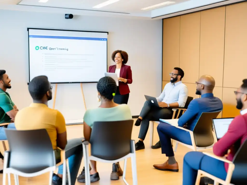 Profesionales colaboran en capacitación de CMS Open Source, creando un ambiente de aprendizaje e intercambio en una sala iluminada