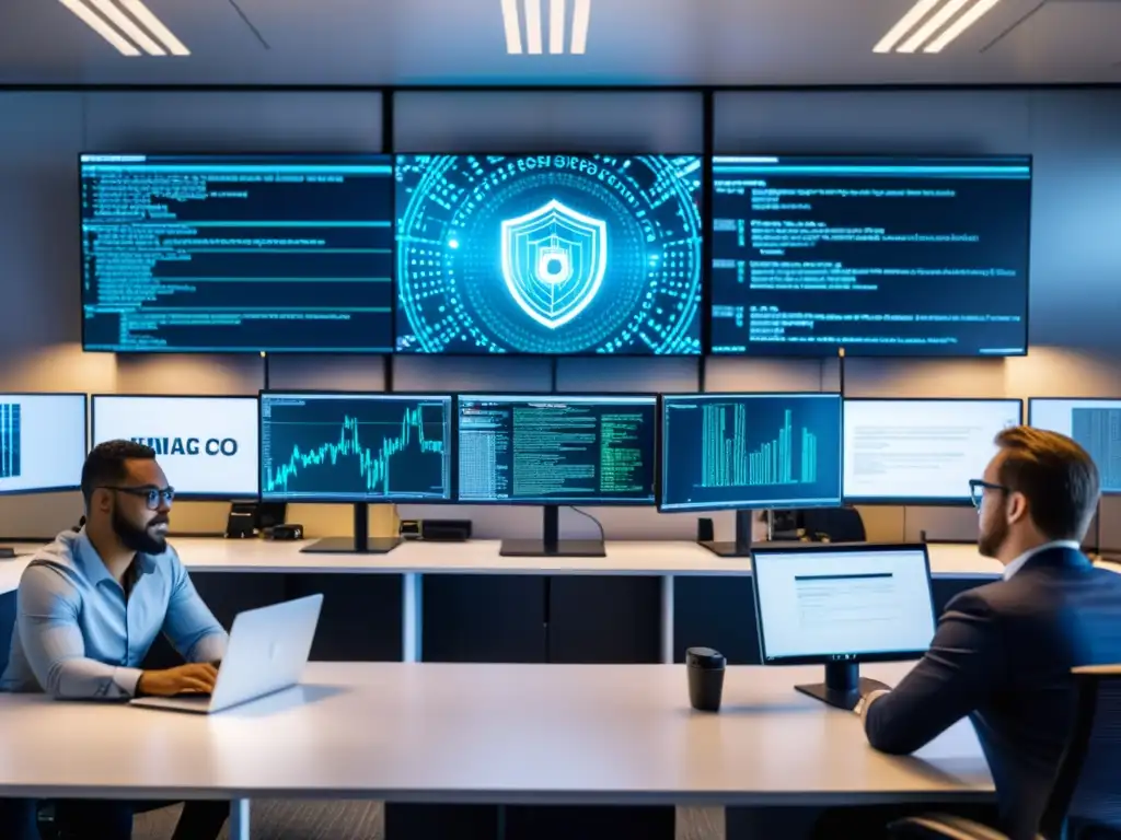 Profesionales de ciberseguridad colaborando en un espacio moderno, implementando mejores prácticas criptografía open source
