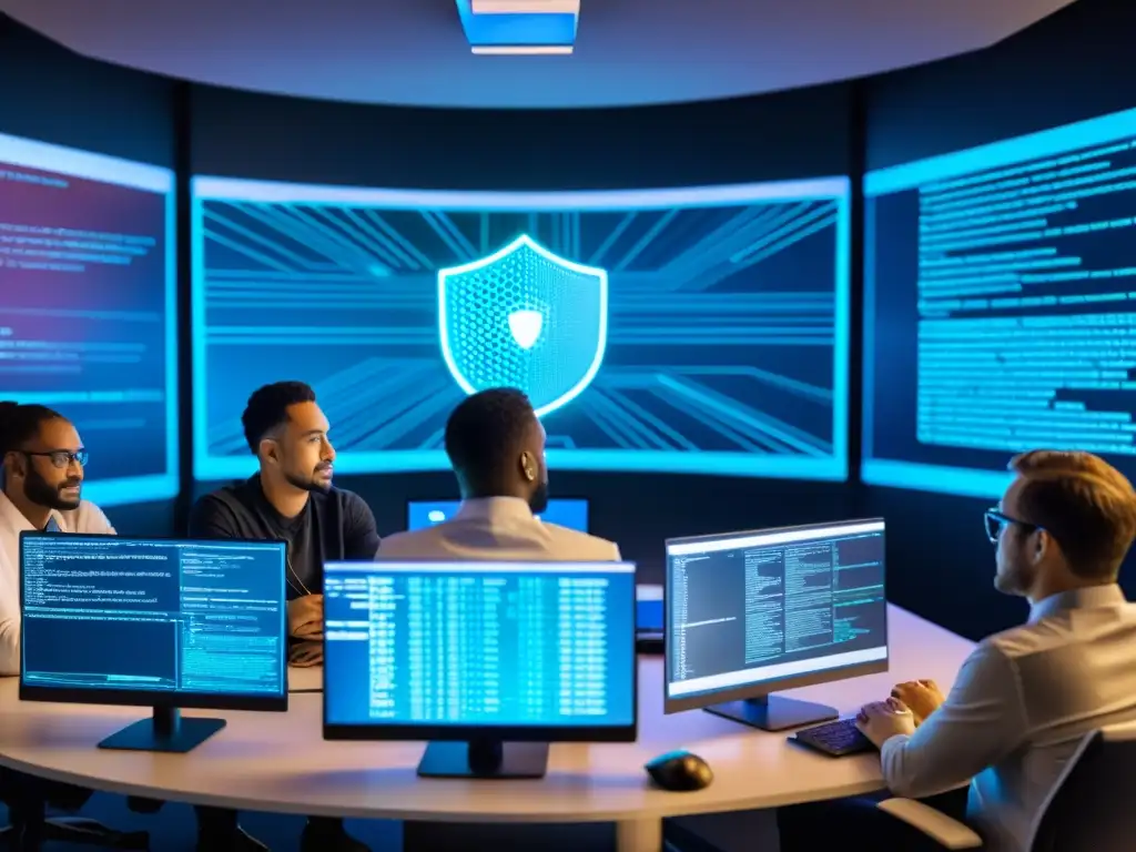 Profesionales de ciberseguridad colaborando en un espacio moderno, discutiendo y mejorando las mejores prácticas en criptografía open source
