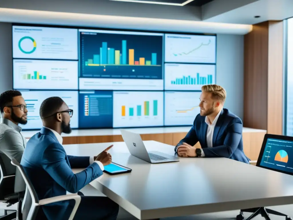Profesionales de ciberseguridad colaborando en una oficina moderna, discutiendo gráficos en pantalla