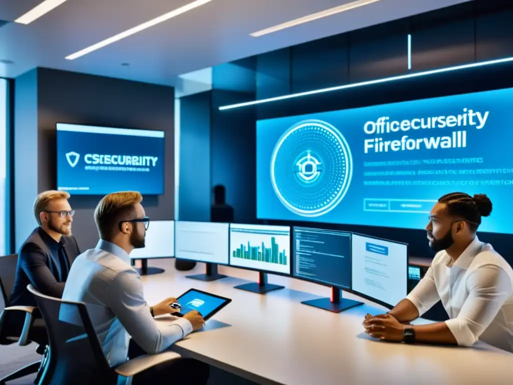 Profesionales de ciberseguridad colaborando en una oficina moderna, discutiendo el desarrollo de firewalls open source