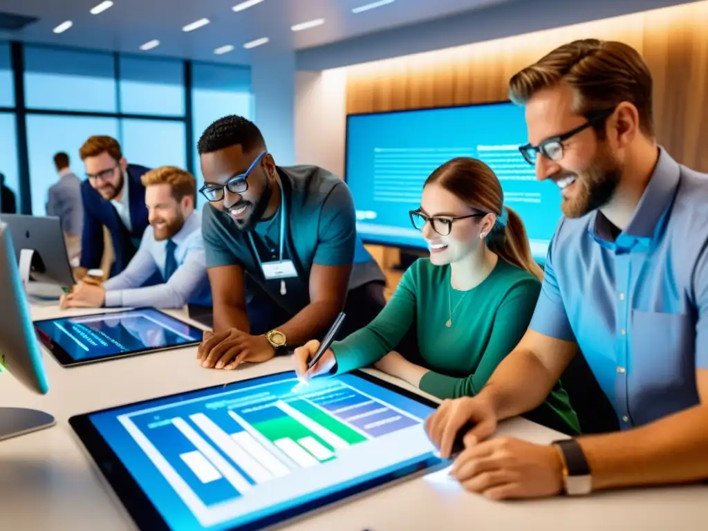 Profesionales colaborando en código abierto, innovación y conocimiento en un espacio moderno