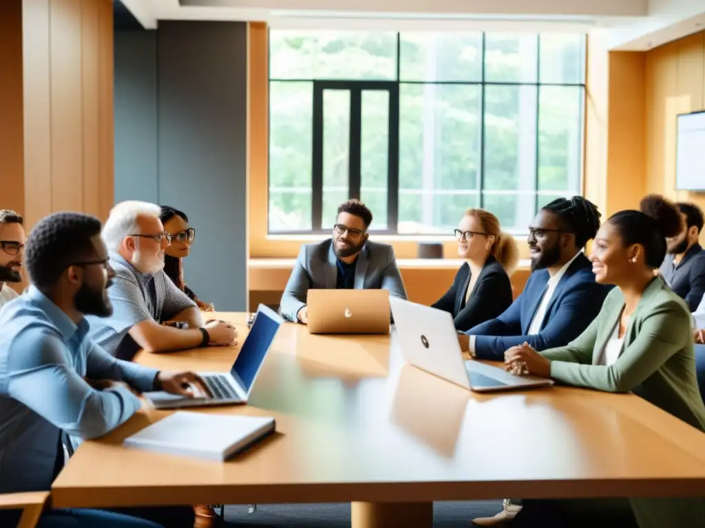 Profesionales comprometidos discuten ética en la promoción de software open source en una sala llena de luz natural y tecnología innovadora