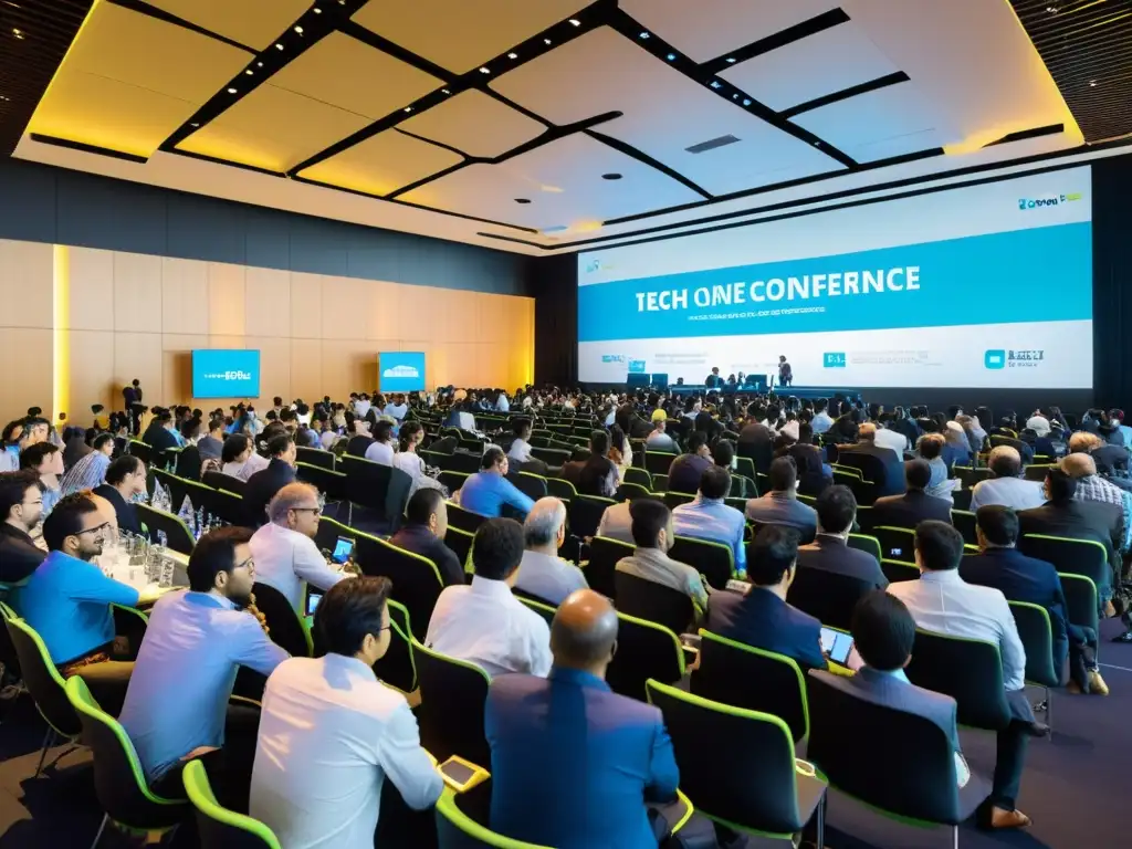 Profesionales debaten en conferencia sobre la Diferencia entre software libre y open source en un ambiente vibrante y futurista