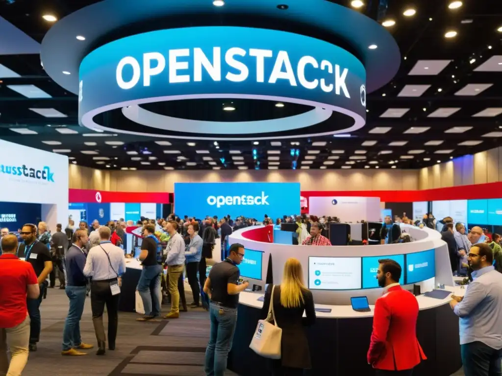 Profesionales en una conferencia de tecnología, interactúan en un stand de OpenStack para programación en la nube, mostrando innovaciones y dinamismo