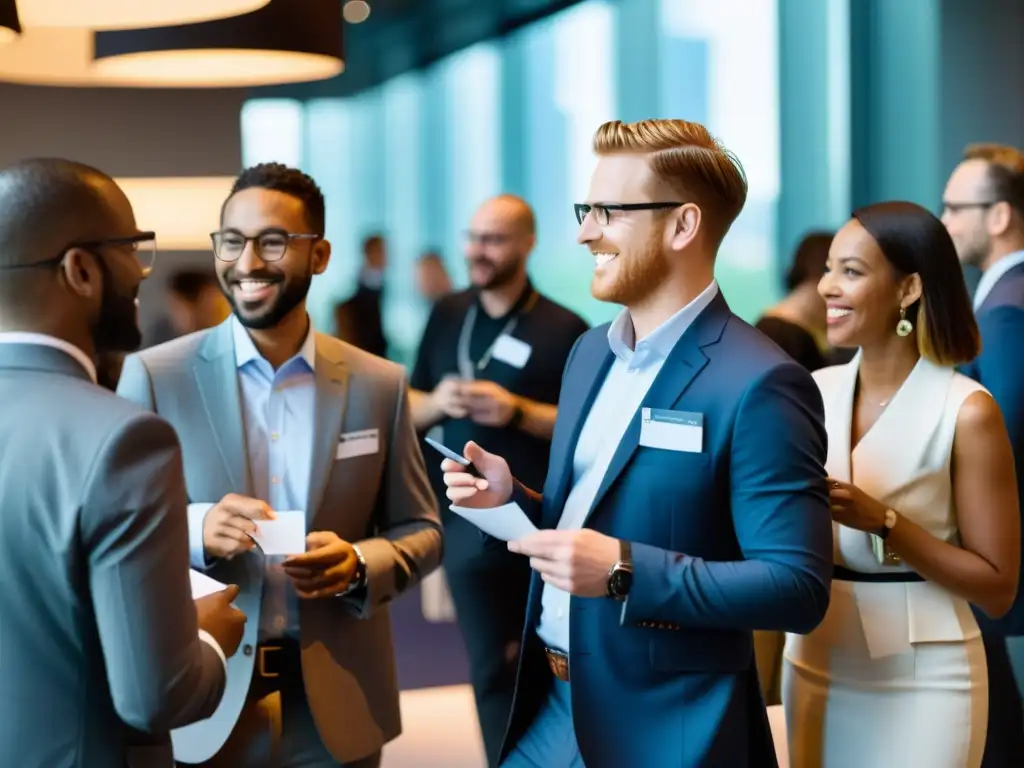 Profesionales intercambian consejos networking eventos código abierto en animado encuentro, con ambiente dinámico y moderno