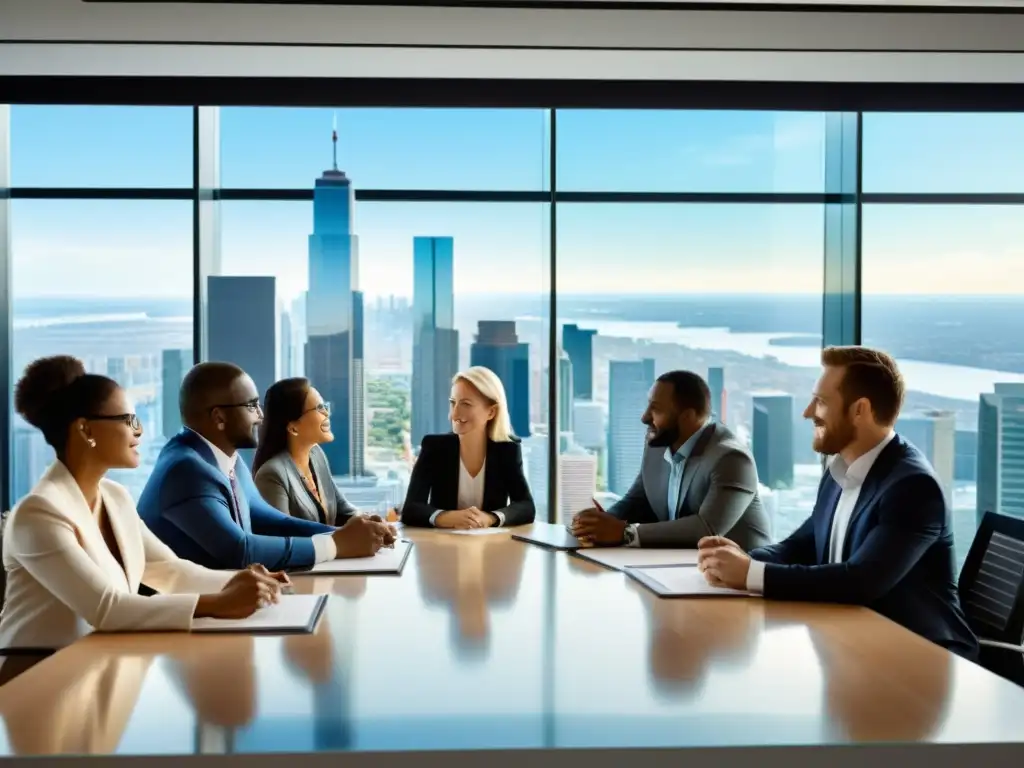 Profesionales analizando beneficios del software libre en moderna oficina Profesionales analizando el costo-beneficio del software de código abierto en una oficina moderna con vista a la ciudad