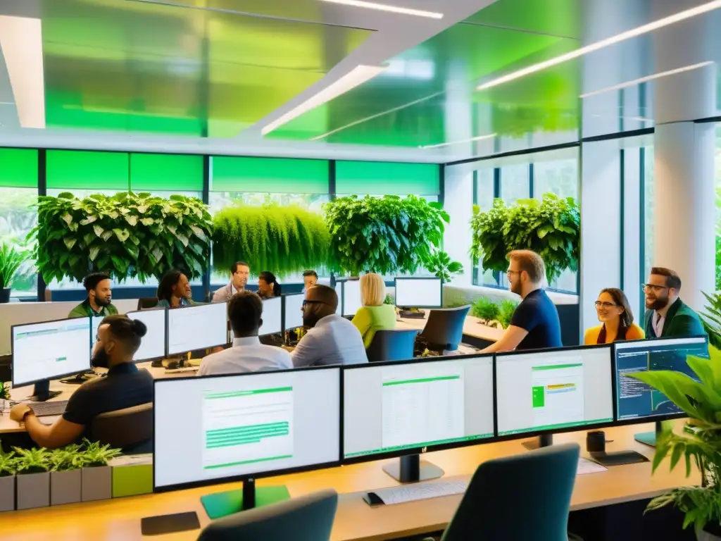 Profesionales colaborando en desarrollo de software de código abierto en una oficina moderna, con plantas verdes vibrantes y luz natural