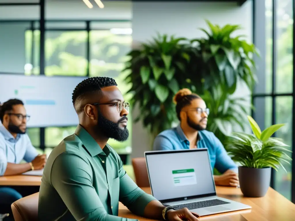 Profesionales colaborando en desarrollo de software libre en oficina moderna, rodeados de plantas y luz natural