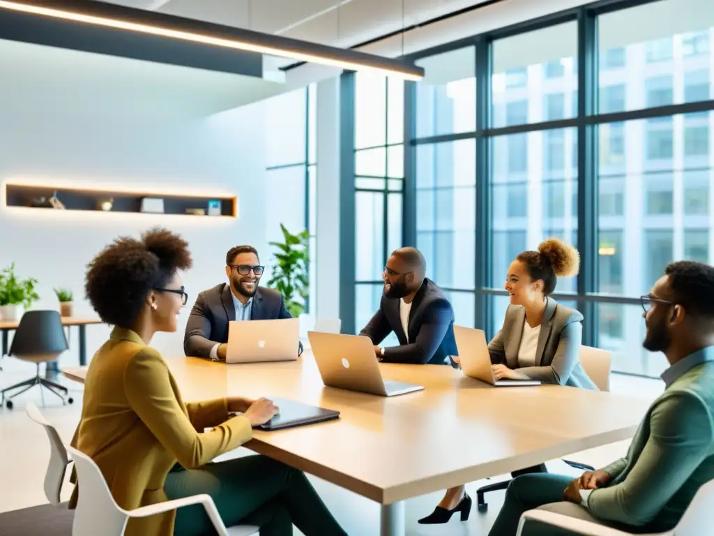 Profesionales diversas reunidas en una oficina moderna, discutiendo con herramientas de comunicación de código abierto