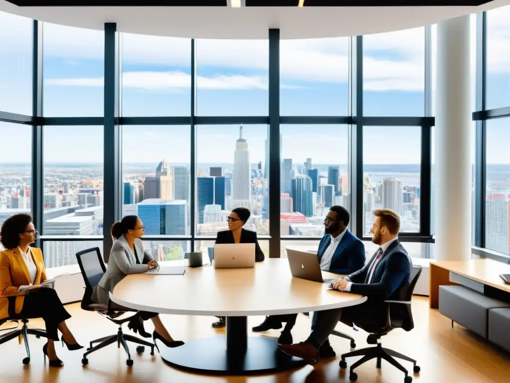 Profesionales colaborando en análisis de software de código abierto Profesionales diversificados discuten Análisis de CostoBeneficio Software Código Abierto en una oficina moderna con vista a la ciudad