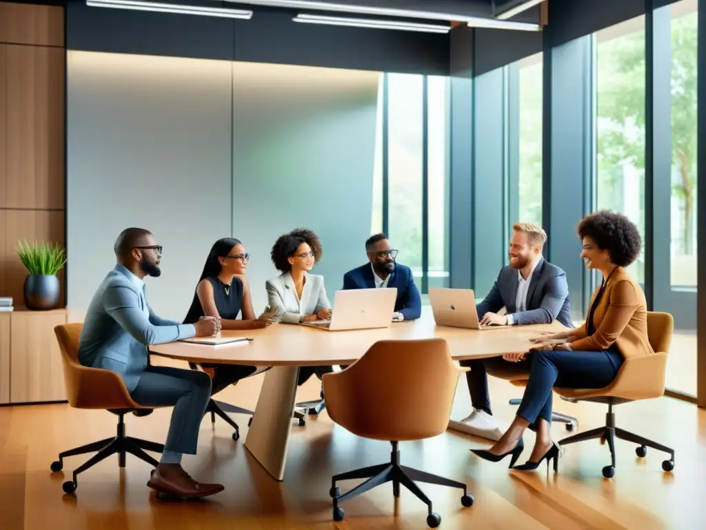 Profesionales diversificados en una animada discusión alrededor de una mesa de conferencias moderna, utilizando herramientas de comunicación open source en laptops y dispositivos móviles