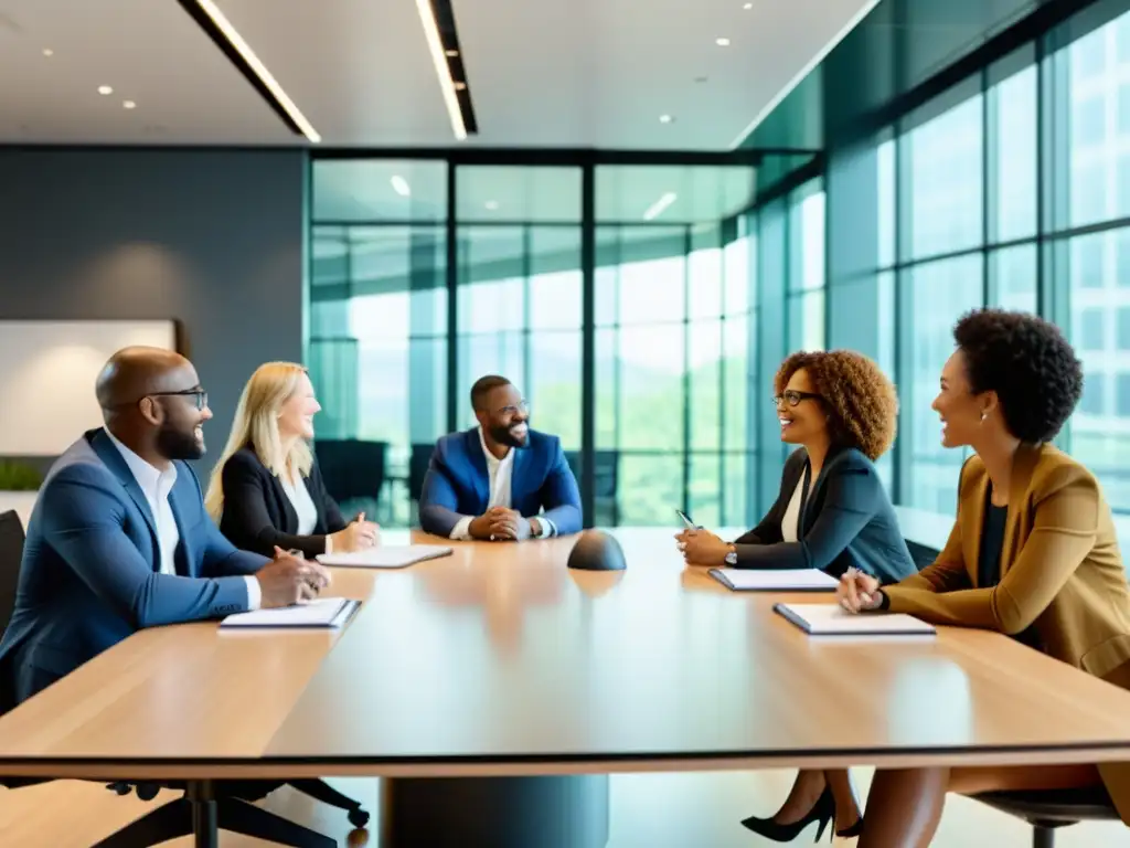 Profesionales diversificados colaboran en un espacio moderno, usando tecnología avanzada en un ambiente de innovación y trabajo en equipo