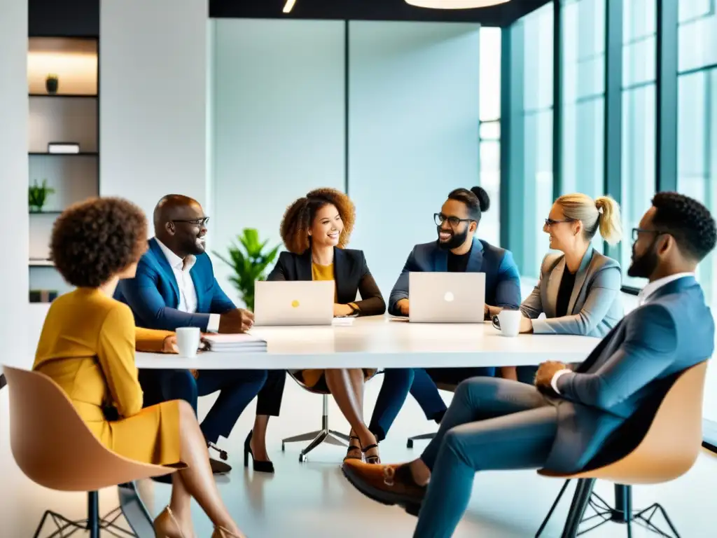 Profesionales diversificados discuten ideas en una oficina moderna, colaborativa