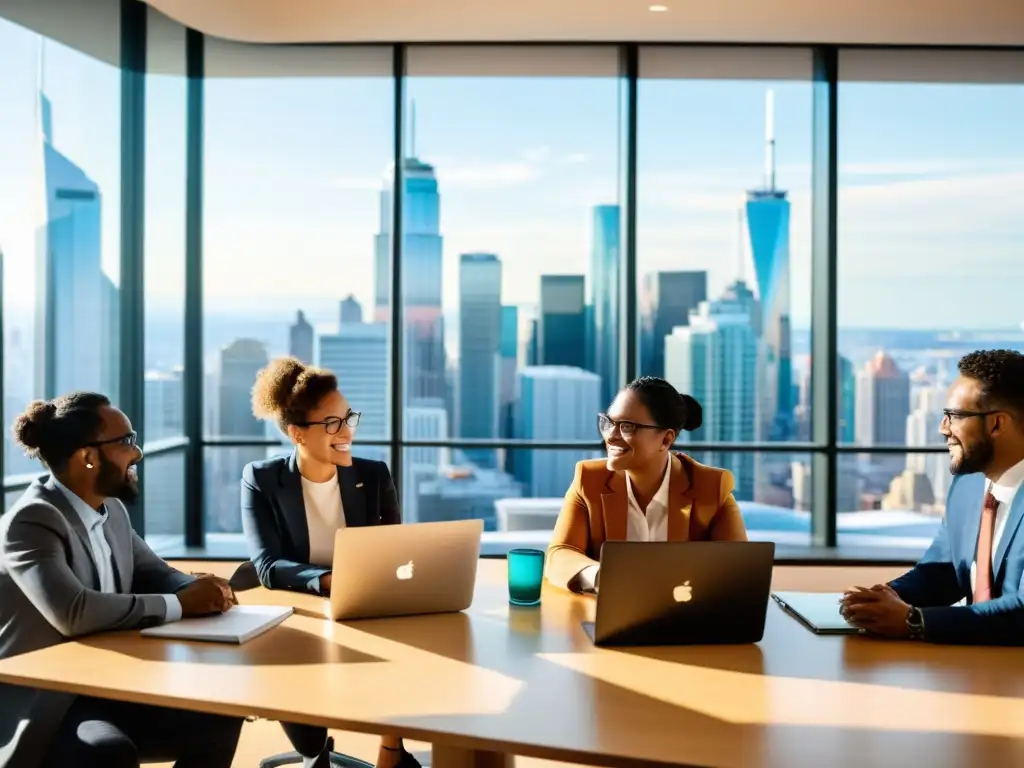 Profesionales diversificados discuten en mesa con laptops, cuadernos y gráficos